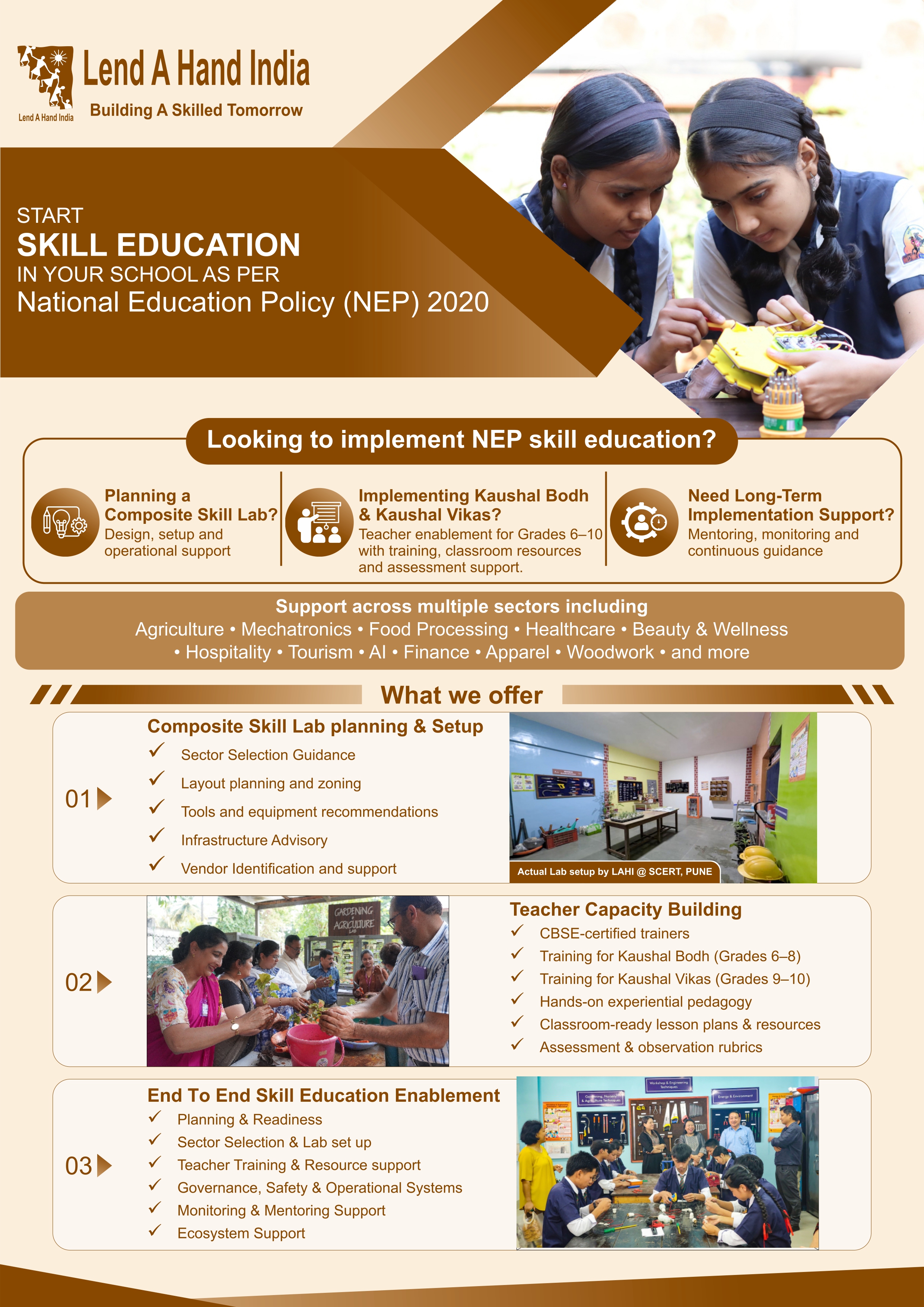 Lend A Hand India outreach brochure for private-school partnerships to implement NEP skill education